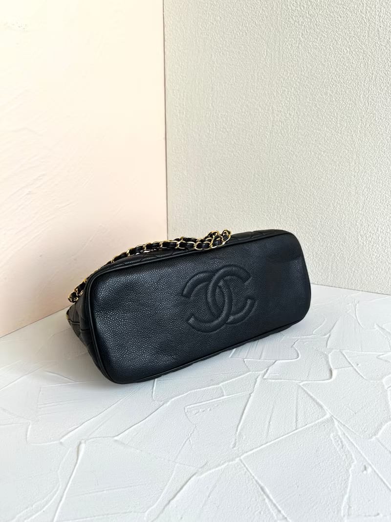 稀有中古二手Chanel黑色貝殼魚子醬皮革金色鏈條托特包/單肩包/側背包