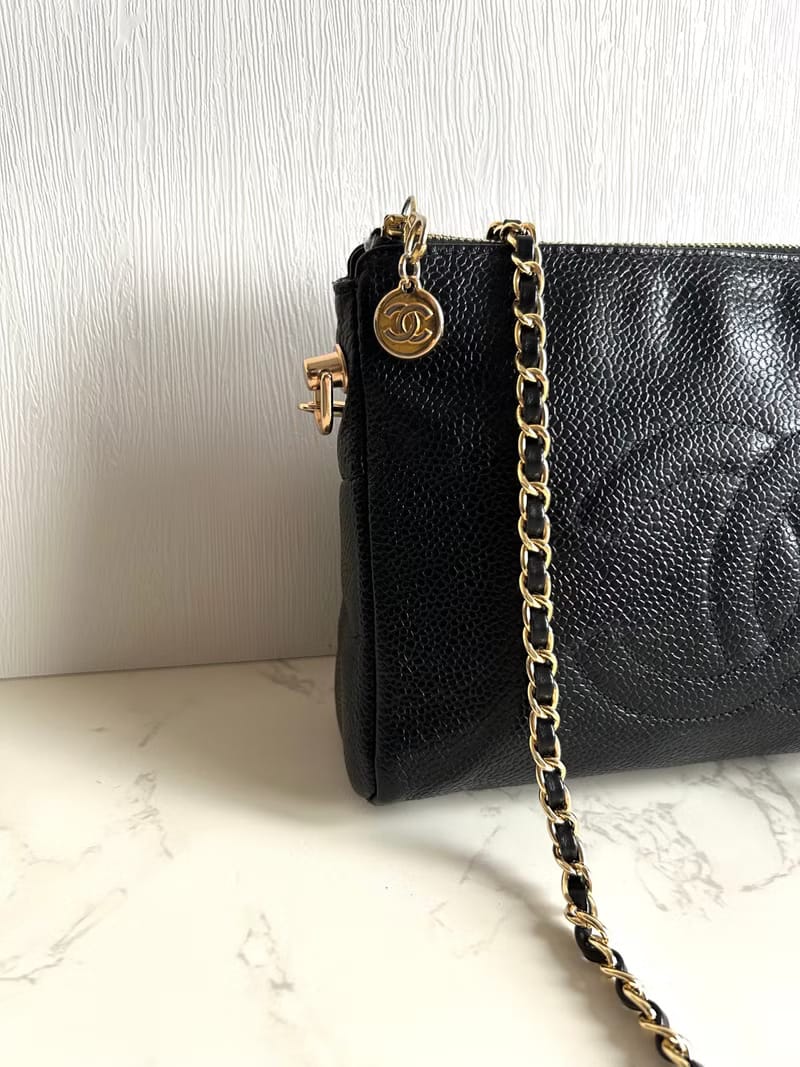 稀有中古二手Chanel黑色魚子醬皮革手袋側背包/斜背包/單肩包