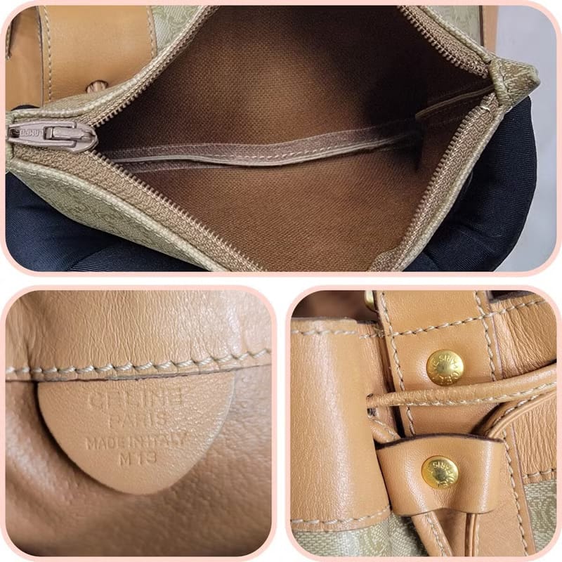 Celine米駝色老花中古水桶包/單肩包/斜背包
