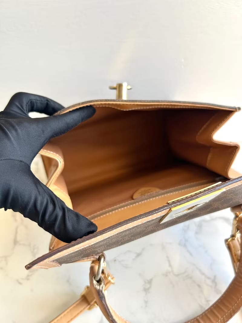 Celine咖啡色老花小號凱莉斜背包/單肩包/側背包