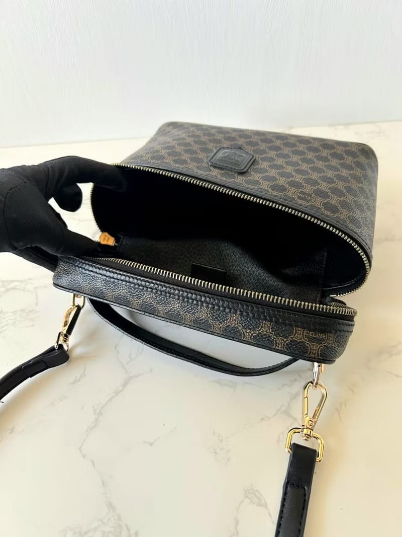 稀有款中古二手Celine黑色老花盒子側背包 斜背包 皮革包 單肩包