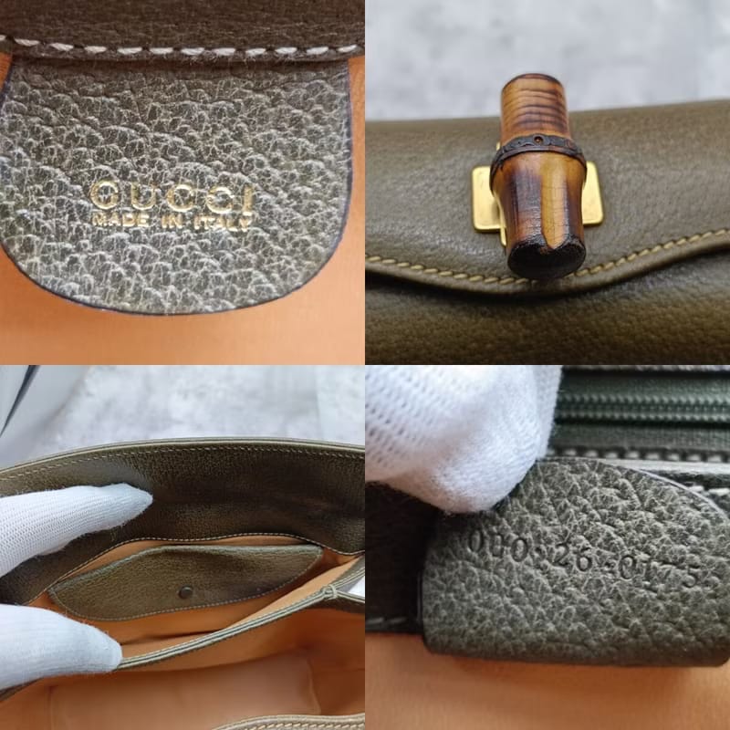 稀有中古二手GUCCI橄欖綠竹節皮革小盒子側背包/斜背包