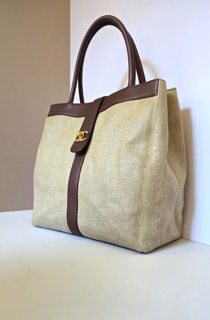 Chanel米咖色拼皮托特包/單肩包/側背包