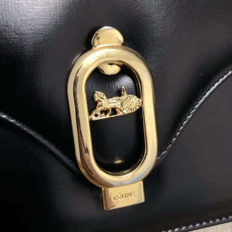 Celine黑色馬車風琴包/單肩包/側背包/斜背包