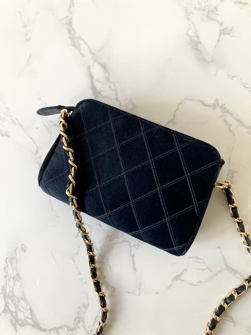 Rare Chanel Black and Gold Rhinestone Silk Bag/Shoulder Bag/Crossbody Bag