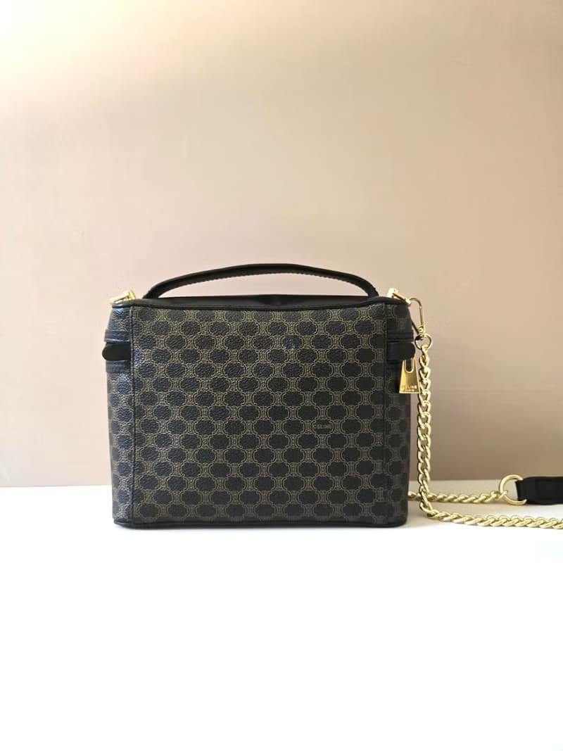 稀有款中古二手Celine黑色老花皮革化妝盒子包/側背包/斜揹包