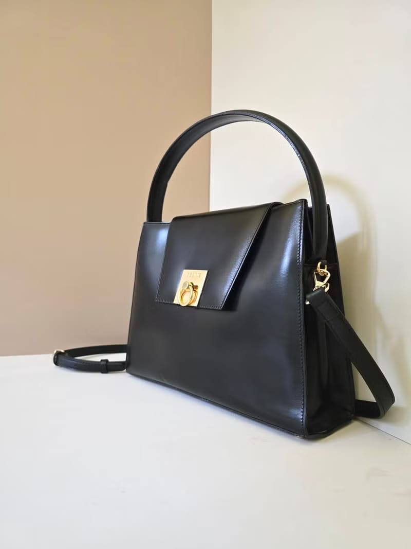 【LA LUNE】Rare second-hand Celine black flap Kelly leather messenger bag/side bag/handbag