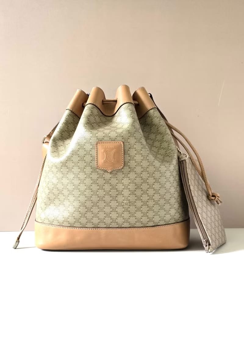 Celine米駝色老花中古水桶包/單肩包/斜背包