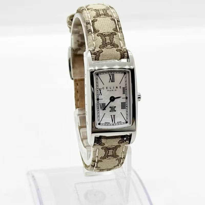 Rare item with original box - Celine Triomphe monogram watch with ecru strap / vintage watch / pre-owned women's watch