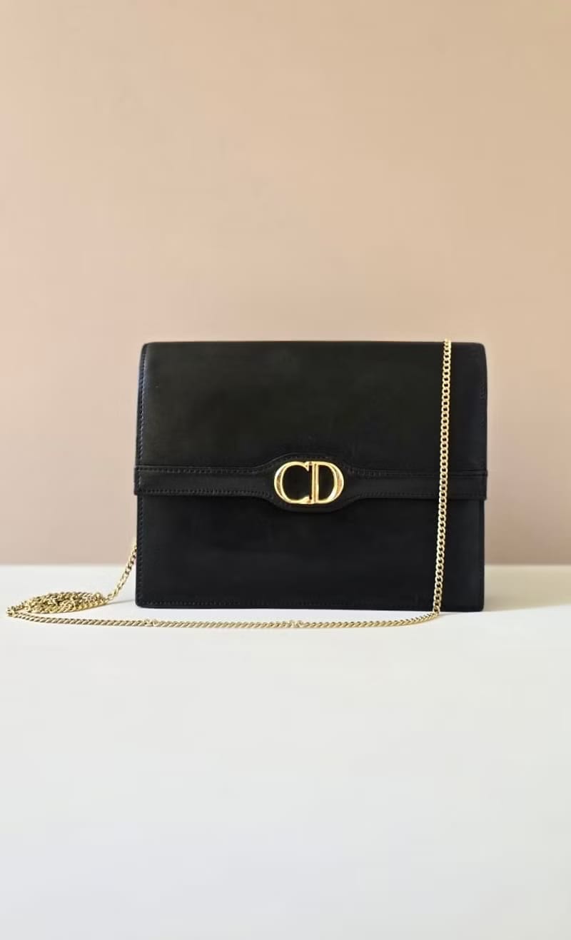 Dior 極簡黑金色Montaigne翻蓋盒子包/單肩包/側背包/斜背包