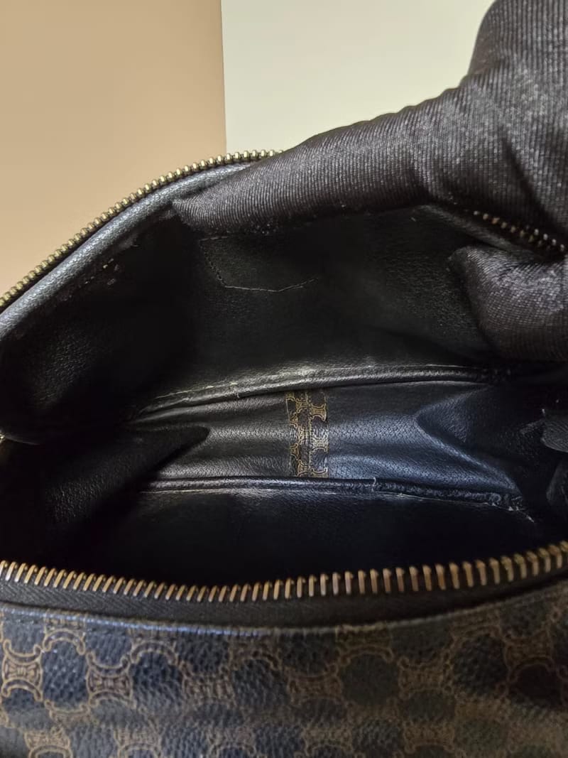 稀有中古二手Celine黑色老花皮革相機包/側背包/斜背包