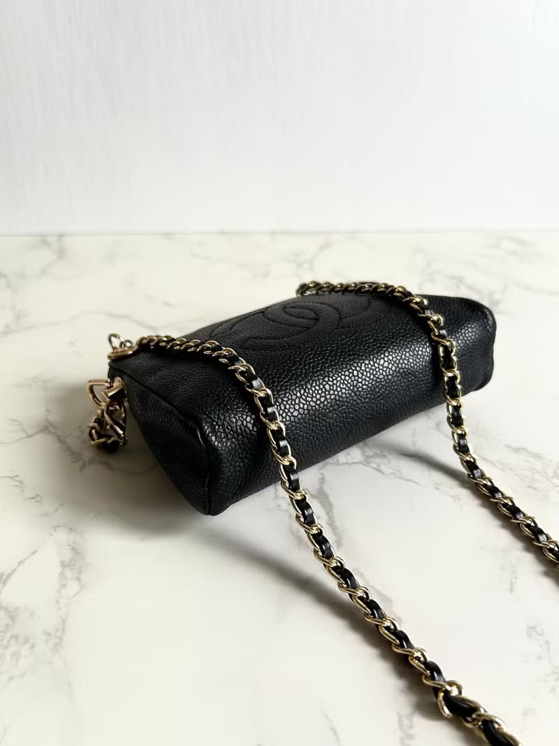 稀有中古二手Chanel黑色魚子醬皮革手袋側背包/斜背包/單肩包