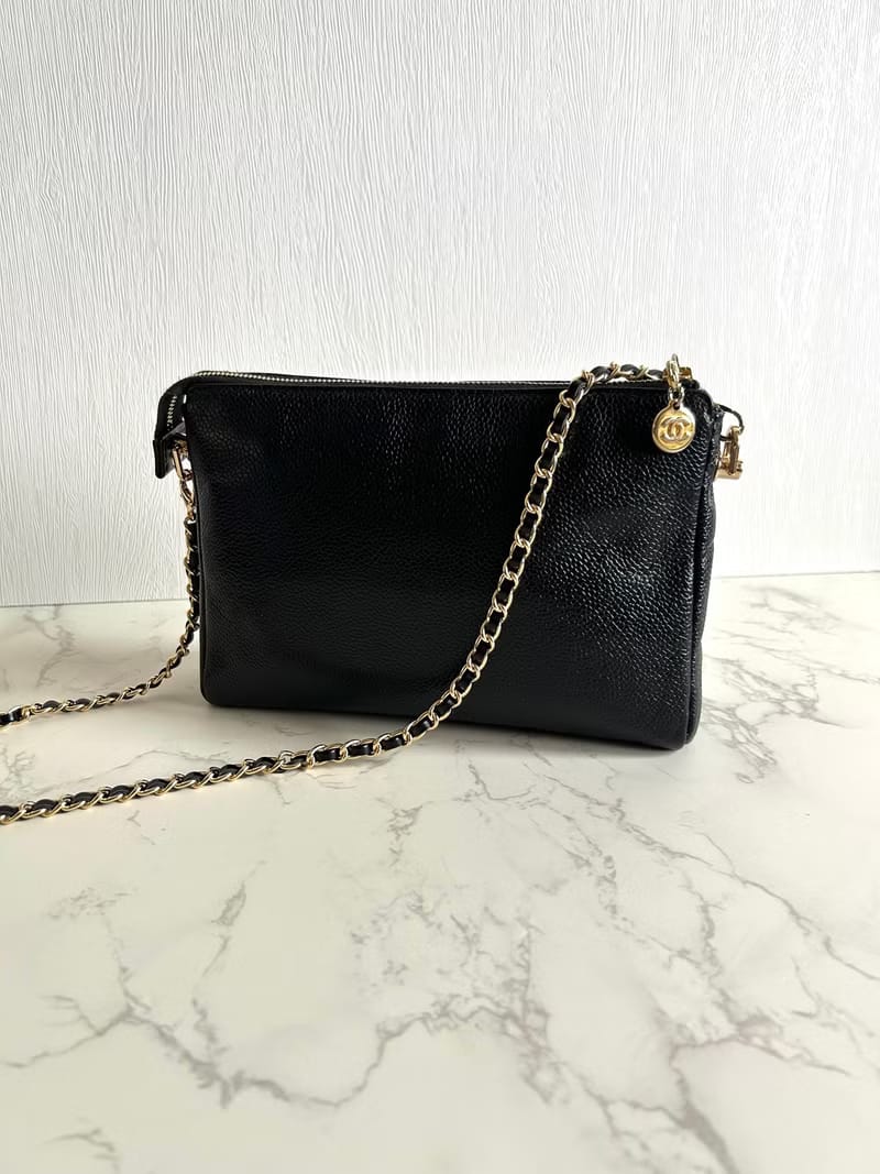 稀有中古二手Chanel黑色魚子醬皮革手袋側背包/斜背包/單肩包