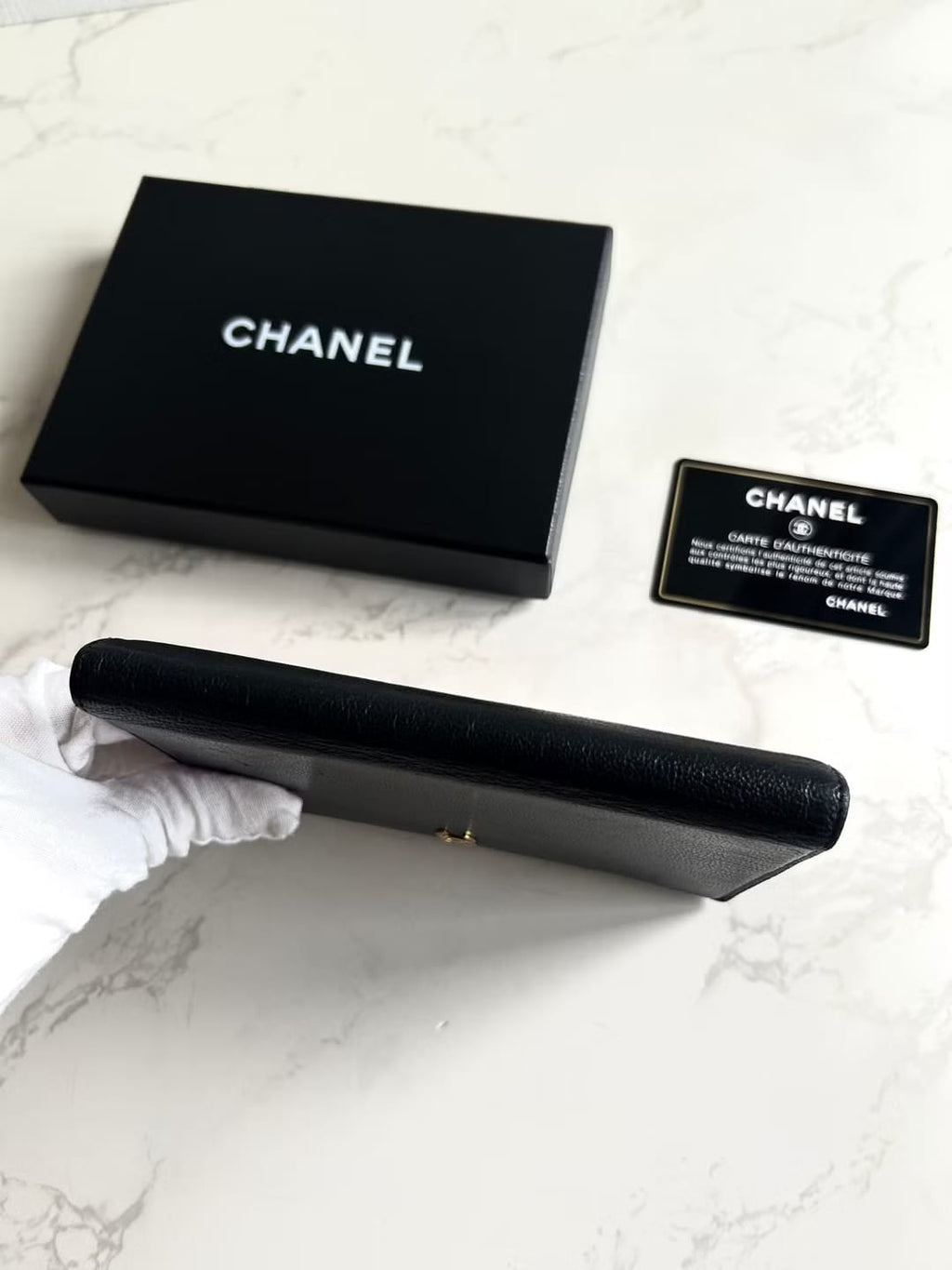 Chanel Black Leather Medium Wallet Travel Passport Holder Purse Unisex Small Clutch