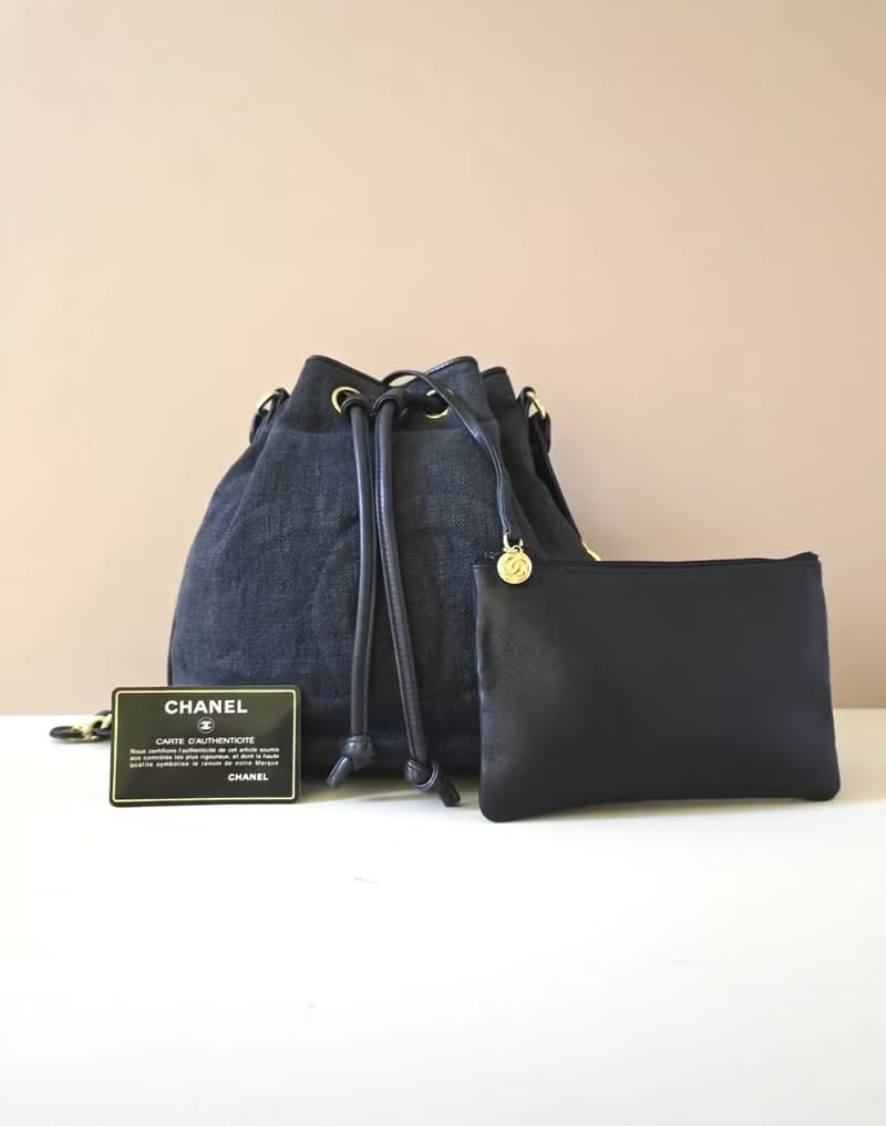 Chanel Vintage Blue and Black Canvas and Leather Chain Bucket Bag with Original Pouch/Shoulder Bag