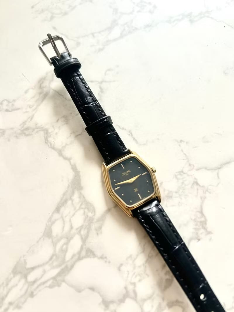Rare Used Celine Black Gold Hexagon Watch