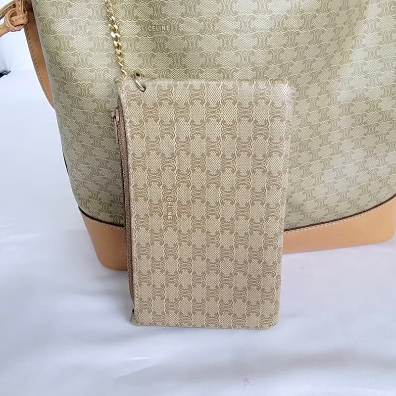 Celine米駝色老花中古水桶包/單肩包/斜背包