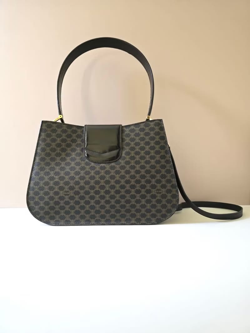 Rare Used Celine Black Macadam Horseshoe Gold Buckle Two-way Kelly/Shoulder Bag/Crossbody Bag