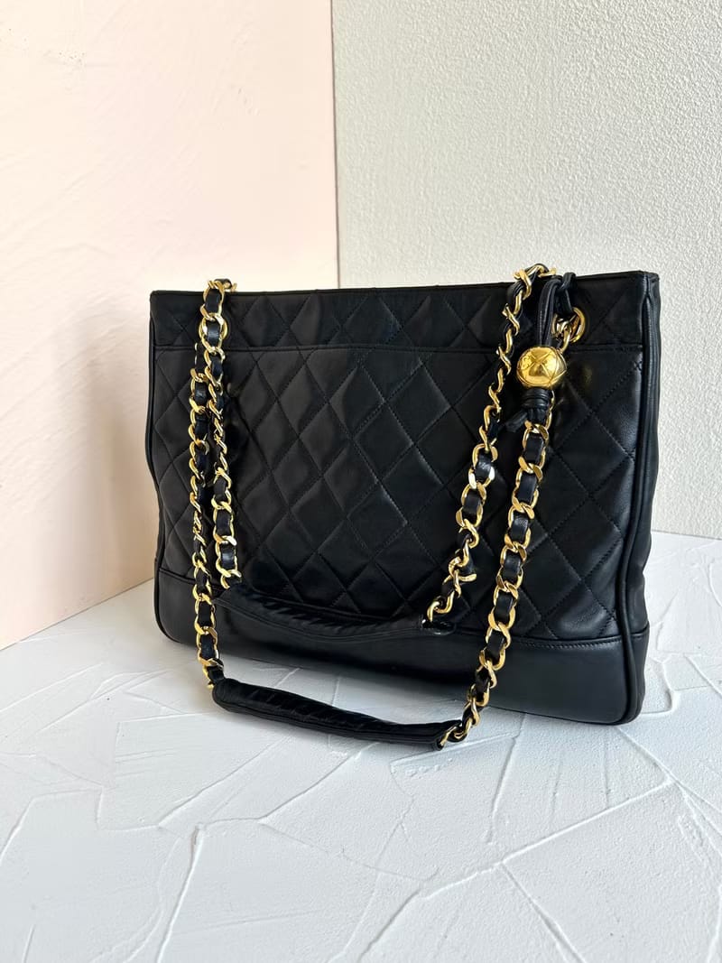 中古二手Chanel黑色皮革鏈條單肩包/托特包/側背包