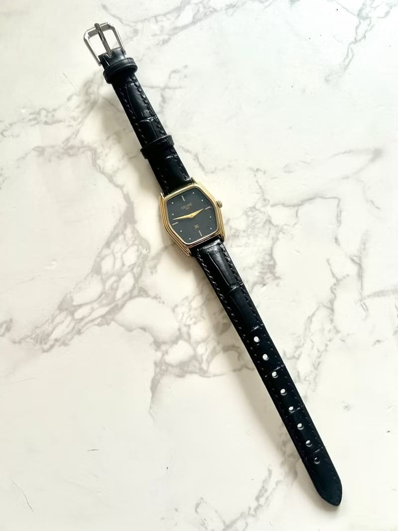 稀有品 Celine黑金Hexagon手錶/皮革帶/二手男女裝腕錶/中古錶