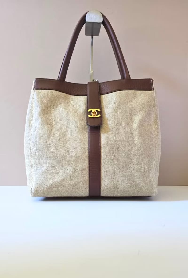 Chanel米咖色拼皮托特包/單肩包/側背包