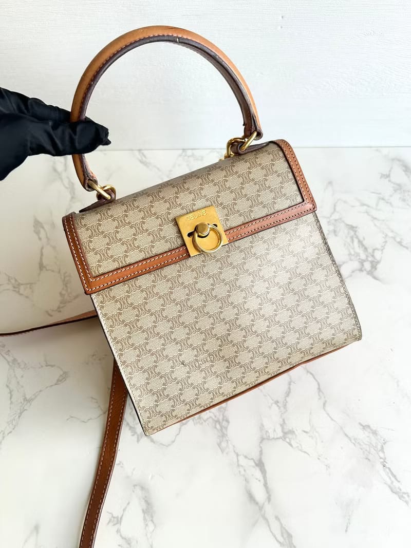 Celine米咖色老花小號凱莉斜背包/單肩包/側背包