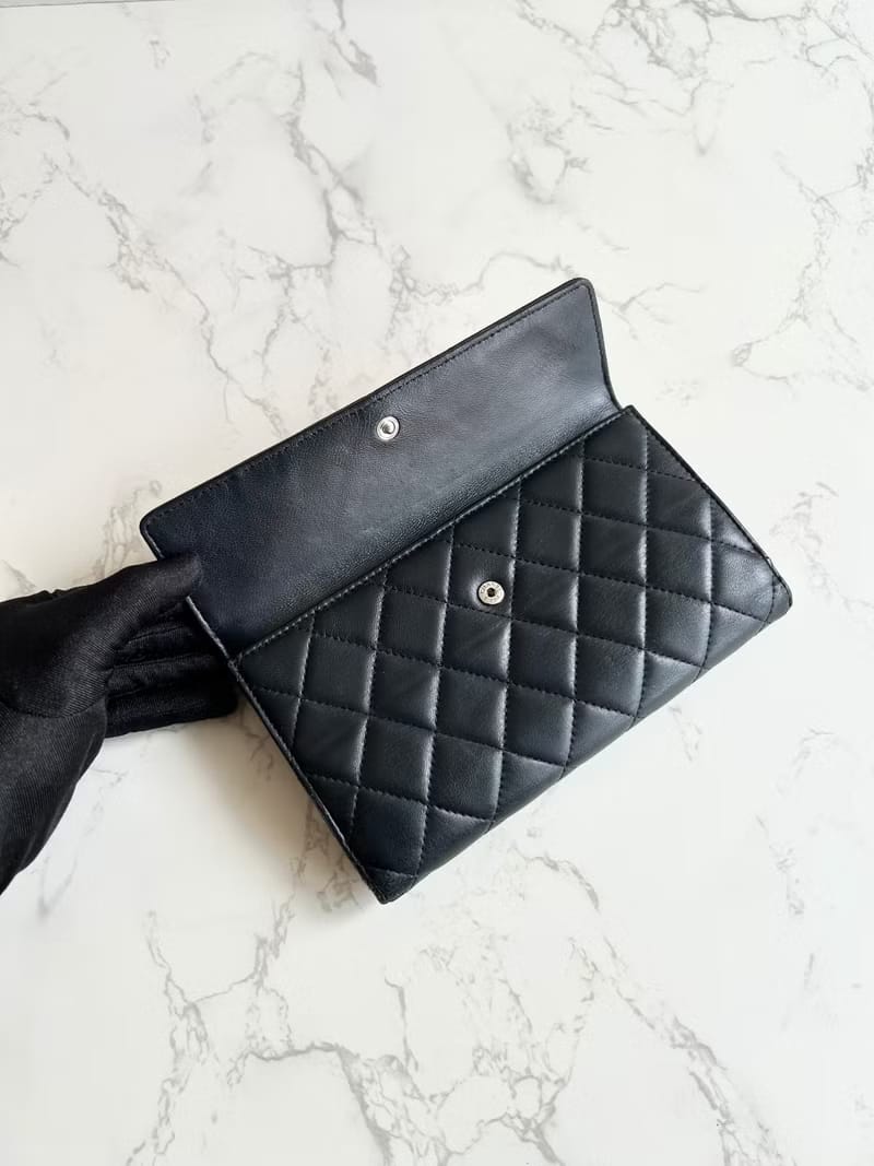 Chanel Black and Silver Lambskin Matelassé Long Wallet