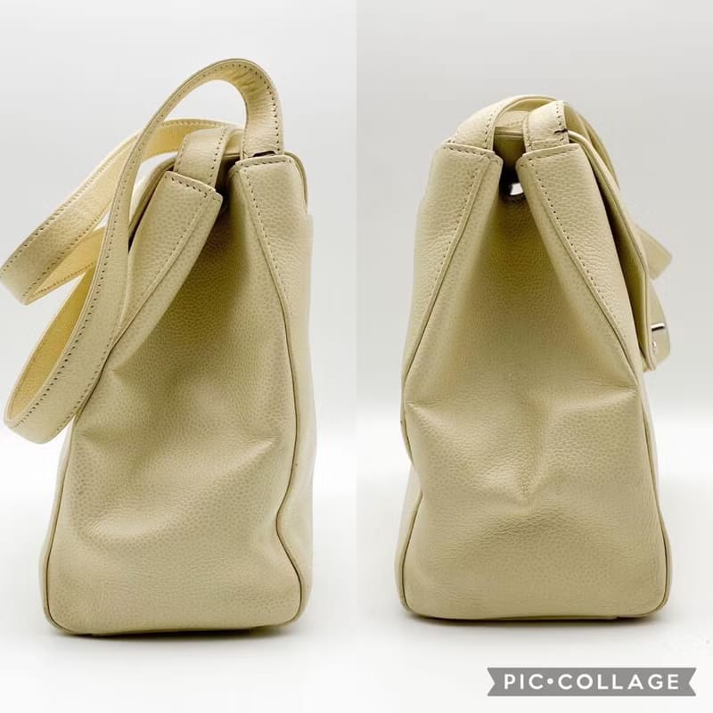 Chanel米白色魚子醬皮革凱莉單肩包/托特包/側背背