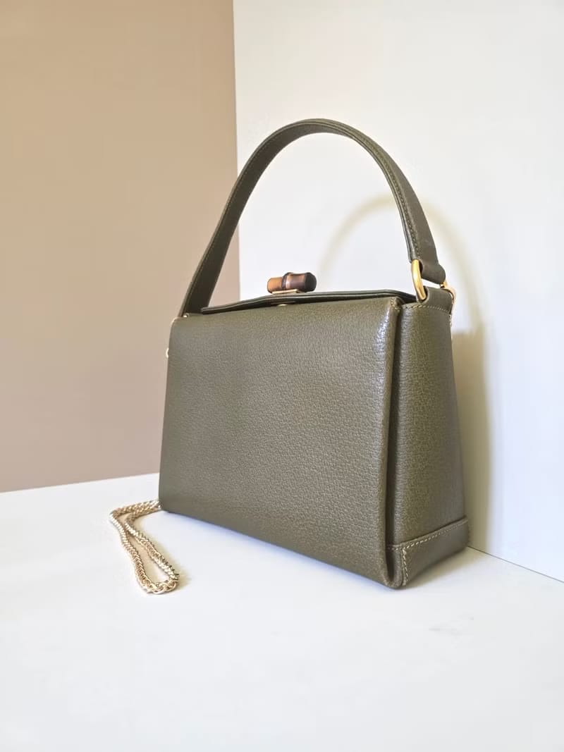 稀有中古二手GUCCI橄欖綠竹節皮革小盒子側背包/斜背包