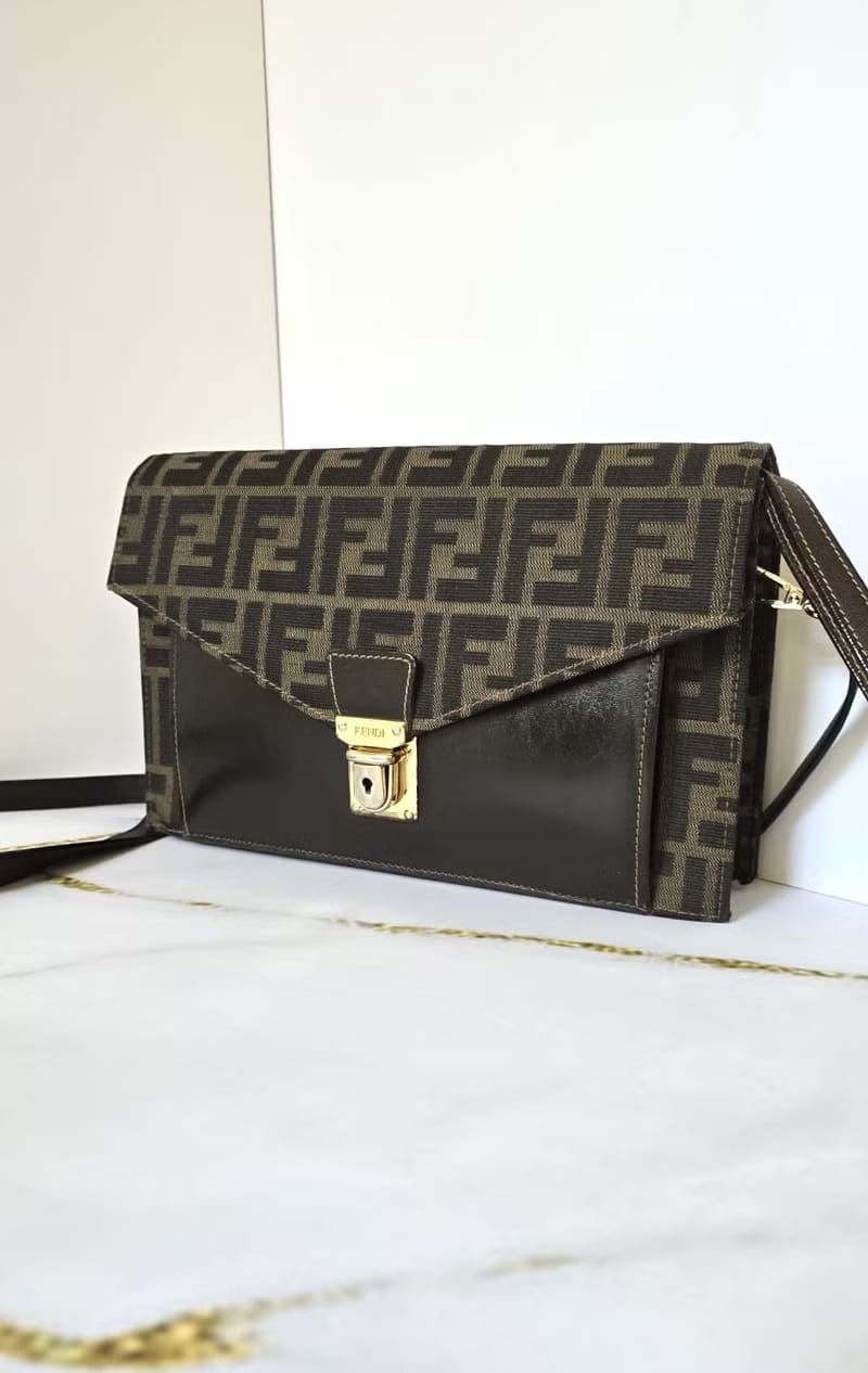 Fendi 黑咖啡色Zucca老花信封風琴包/斜背包/側背包/單肩包