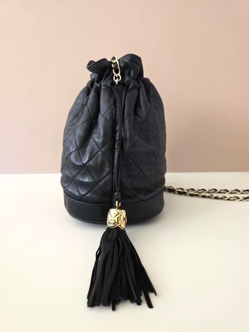 Chanel Vintage Black and Gold Lambskin Matelassé Mini Bucket Bag/Shoulder Bag/Crossbody Bag