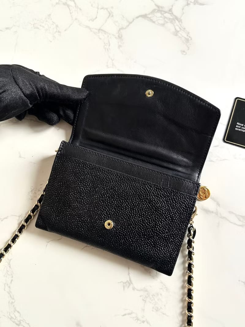 中古二手Chanel黑色魚子醬斜背包/側背包/單肩包