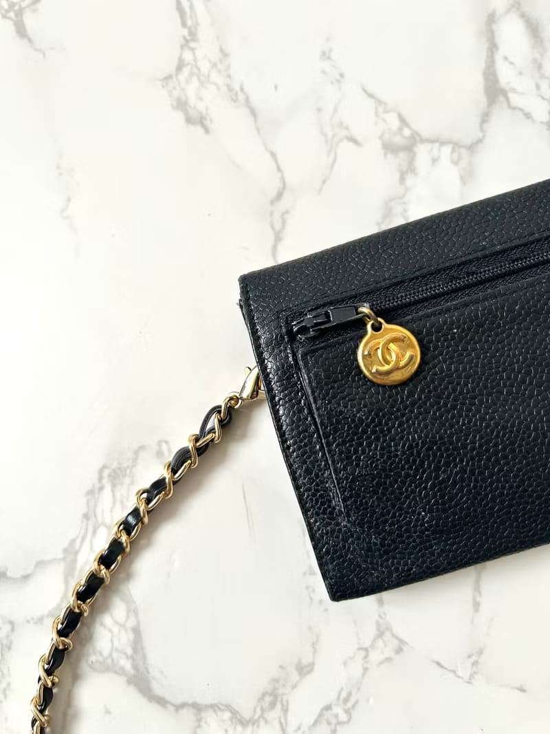 Chanel黑色魚子醬斜背包/單肩包/皮夾/側背包