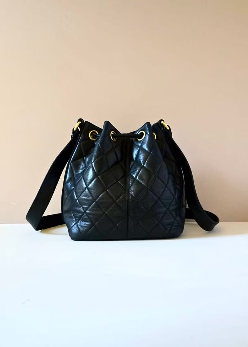 Chanel Vintage Black Matelassé Gold Ball Bucket Bag / Shoulder Bag / Crossbody Bag