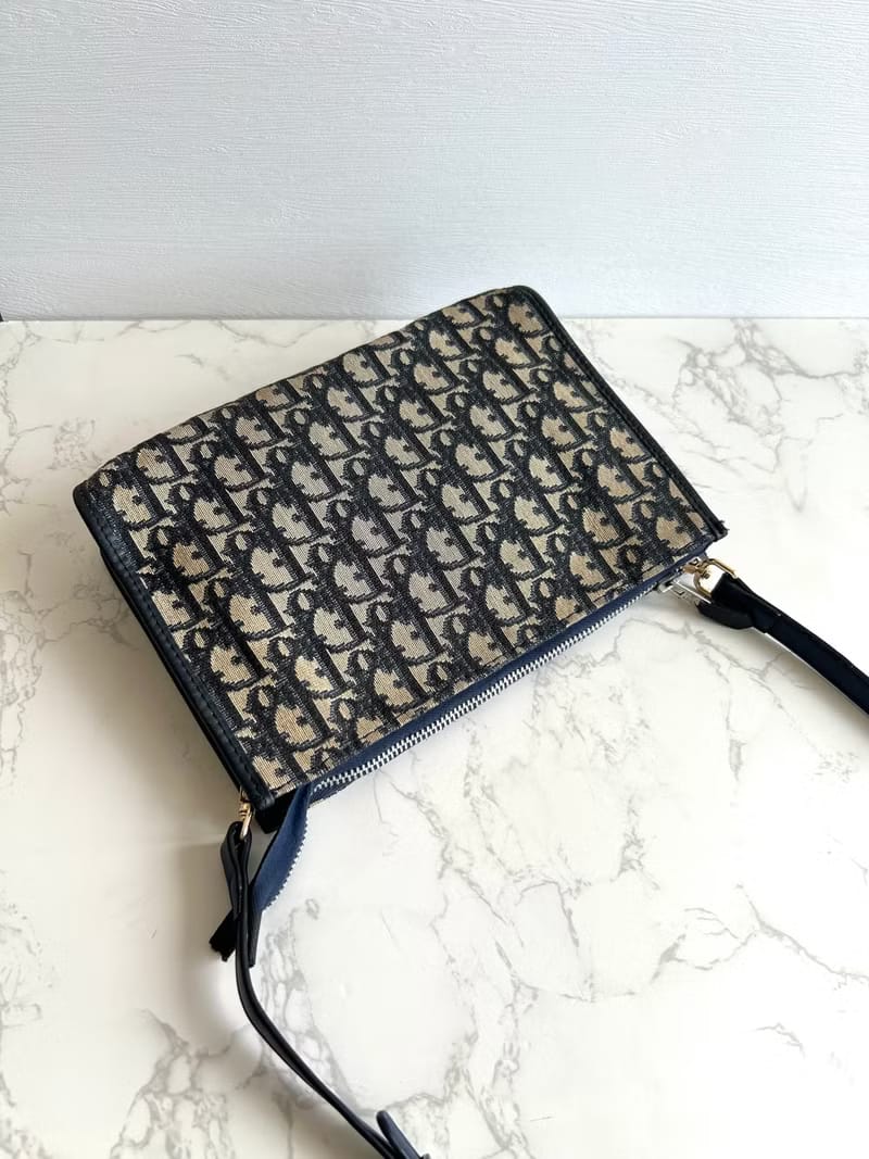 Dior藍黑色老花皮革Two-way Bag/側背包/斜背包