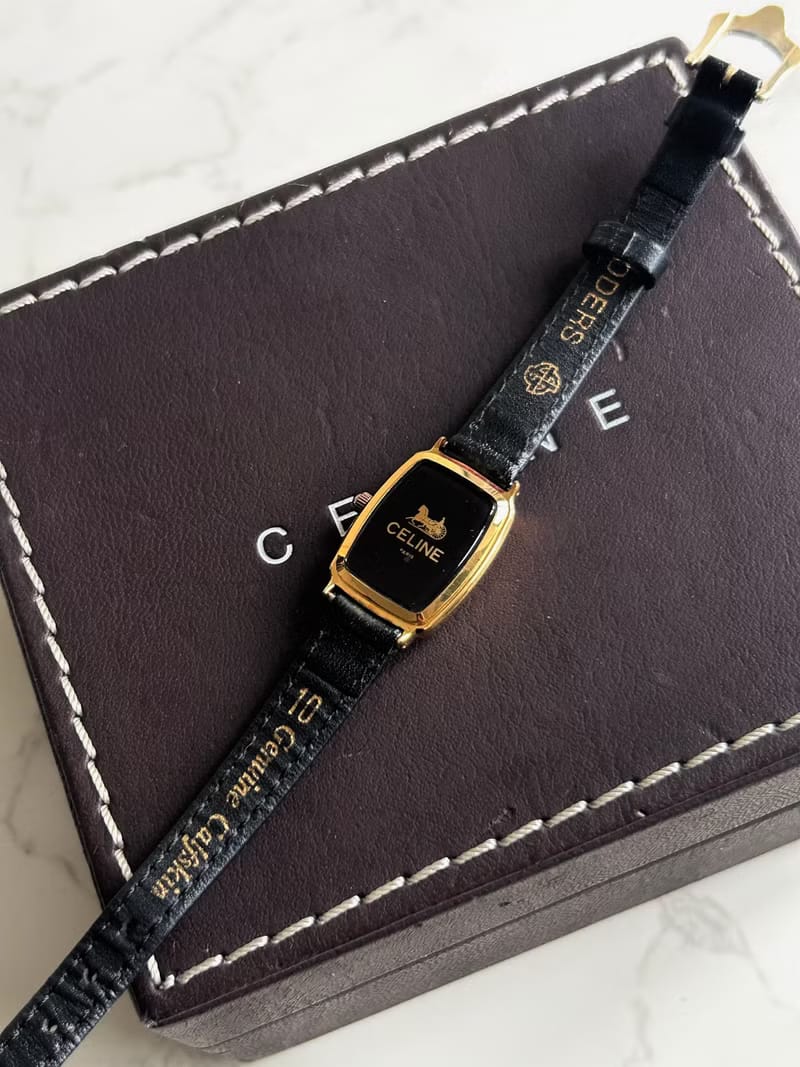 Celine黑金色皮革錶帶馬車手錶/石英腕錶