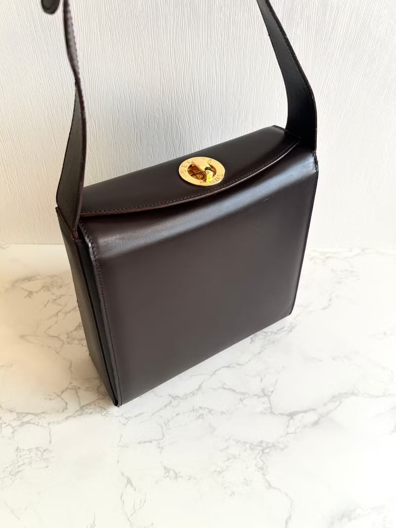 Celine咖啡色旋轉扣盒子包/斜背包/單肩包/側背包