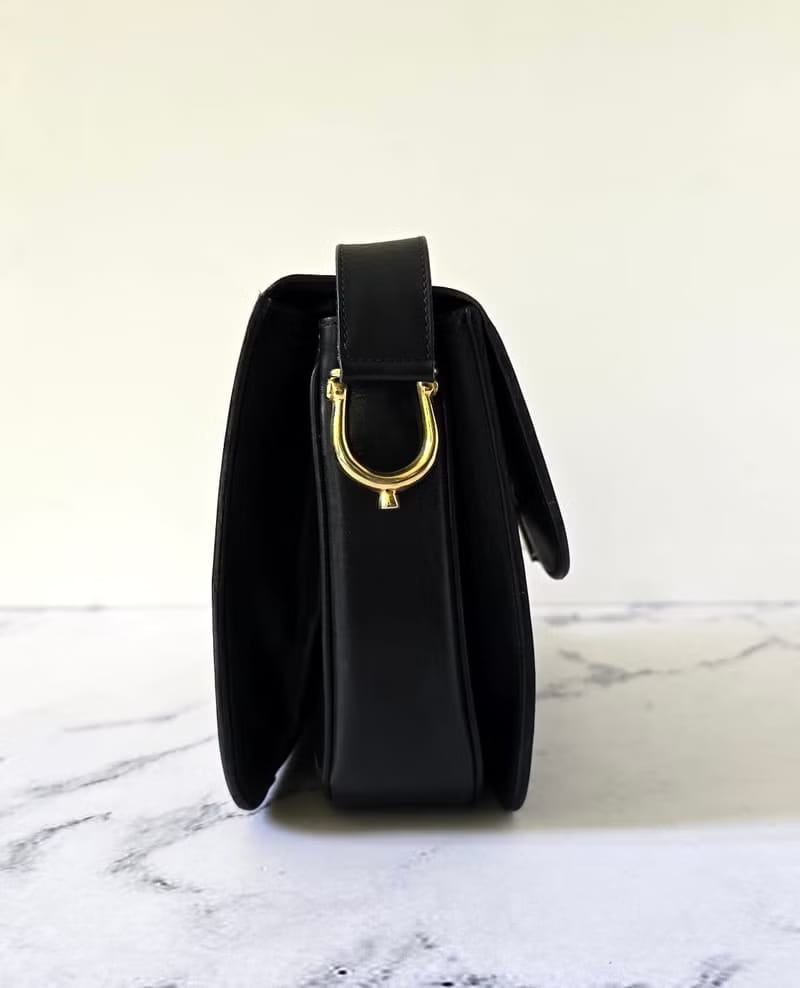 Celine Black and Gold Horse Carriage Buckle Bag / Shoulder Bag / Crossbody Bag