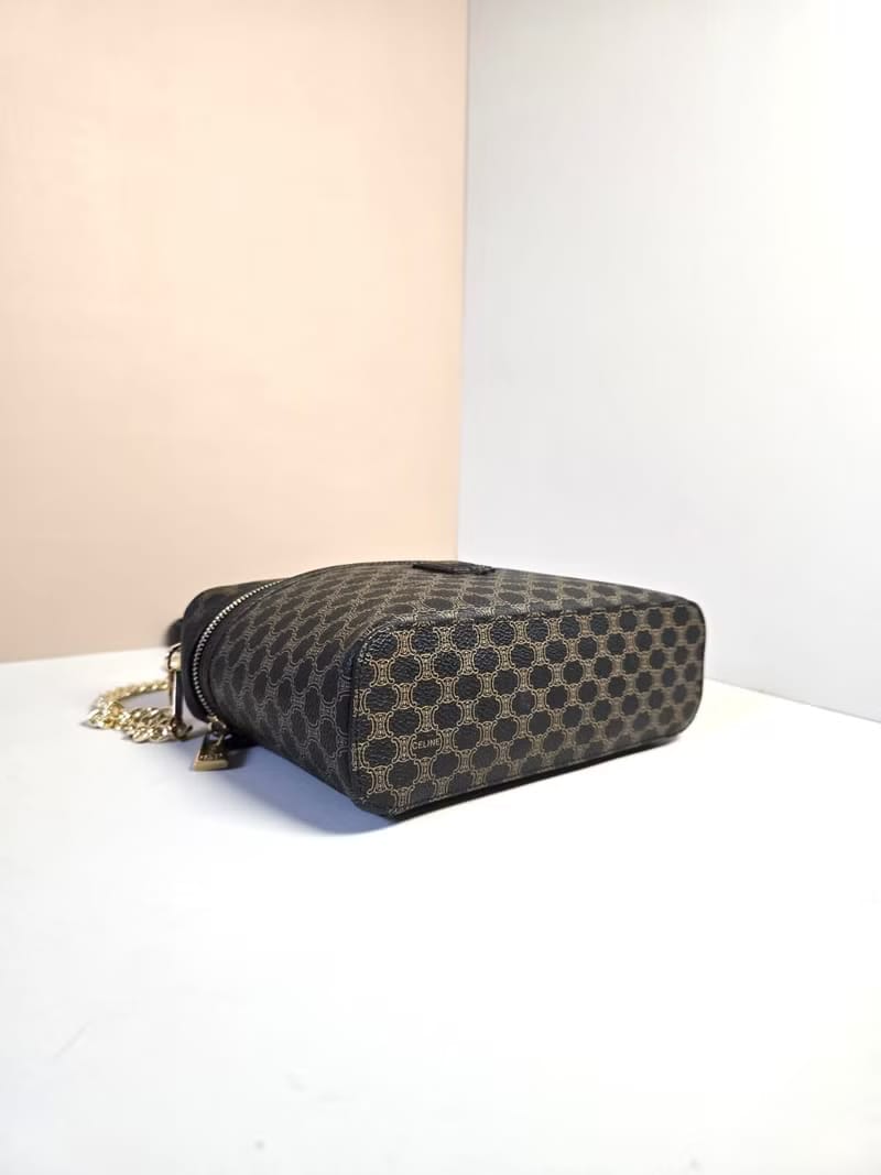 稀有款中古二手Celine黑色老花皮革化妝盒子包/側背包/斜揹包