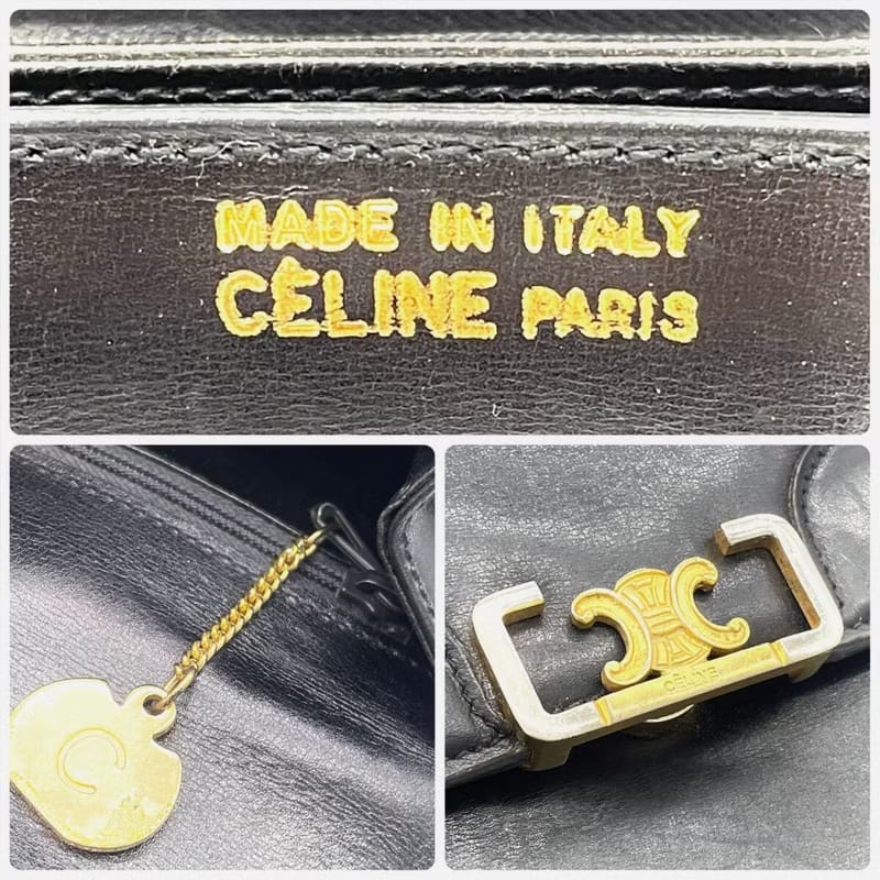Celine Black and Gold Triomphe Flap Bag/Shoulder Bag