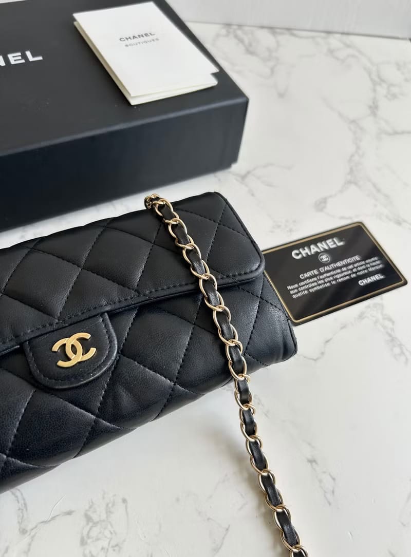 FULL SET💎Chanel Black and Gold Matelasse WOC Leather Shoulder Bag/Crossbody Bag/Wallet