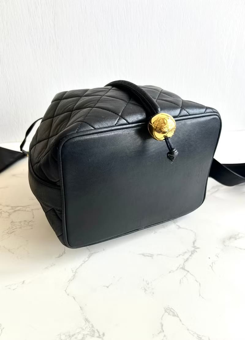 Chanel Vintage Black Gold Matelassé Bucket Bag/Shoulder Bag/Crossbody Bag (Set of Two with Pouch)