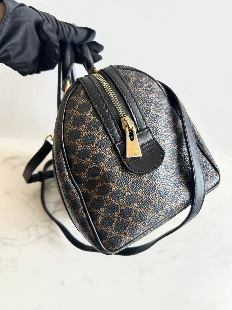 Celine Rare Black Triomphe Canvas Small Boston Bag / Shoulder Bag / Crossbody Bag