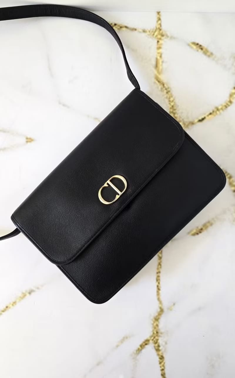 Dior Montaigne黑金牛皮翻蓋包/單肩包/側背包/斜背包