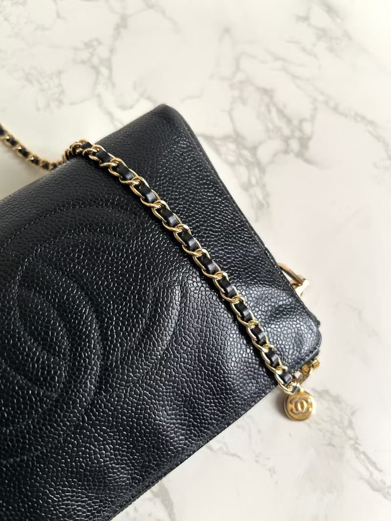 稀有中古二手Chanel黑色魚子醬皮革手袋側背包/斜背包/單肩包