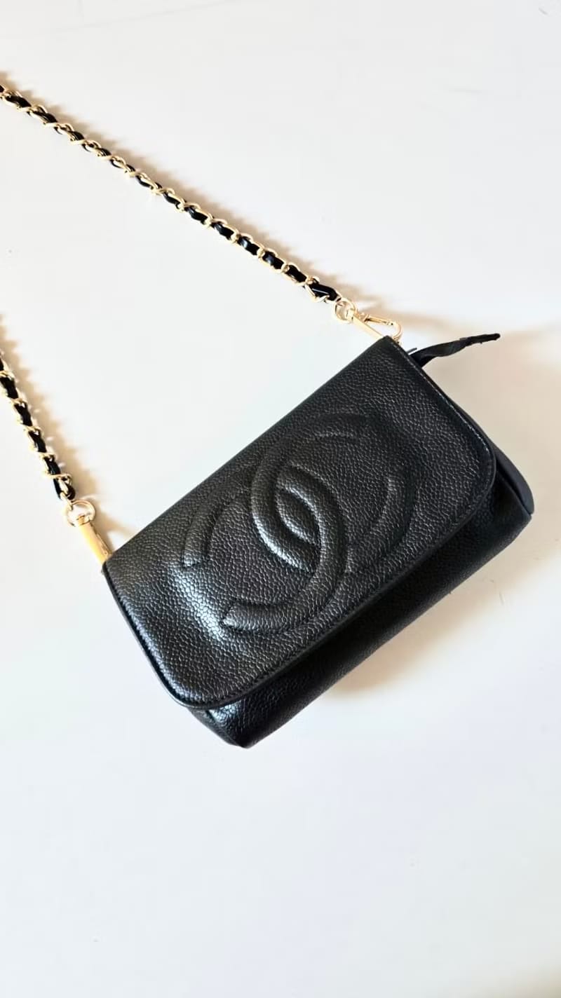 Chanel稀有連鏡子黑金魚子醬包/側背包/斜背包