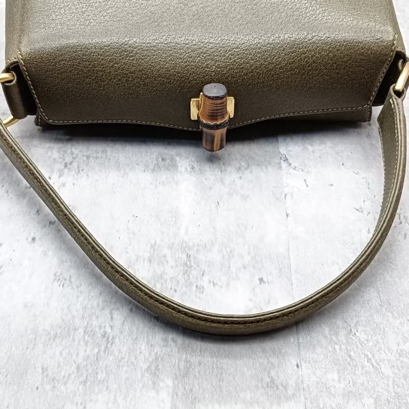 稀有中古二手GUCCI橄欖綠竹節皮革小盒子側背包/斜背包