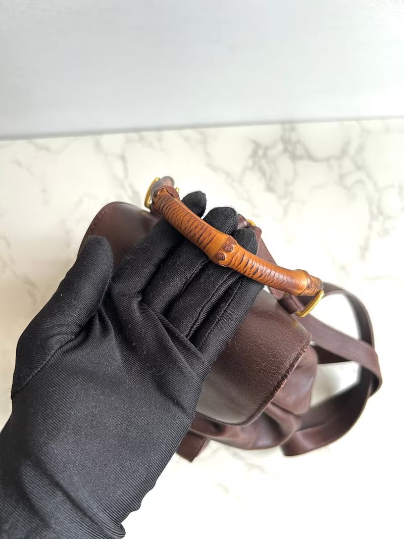 GUCCI中古二手竹節咖啡色皮革後背包/背囊/雙肩包
