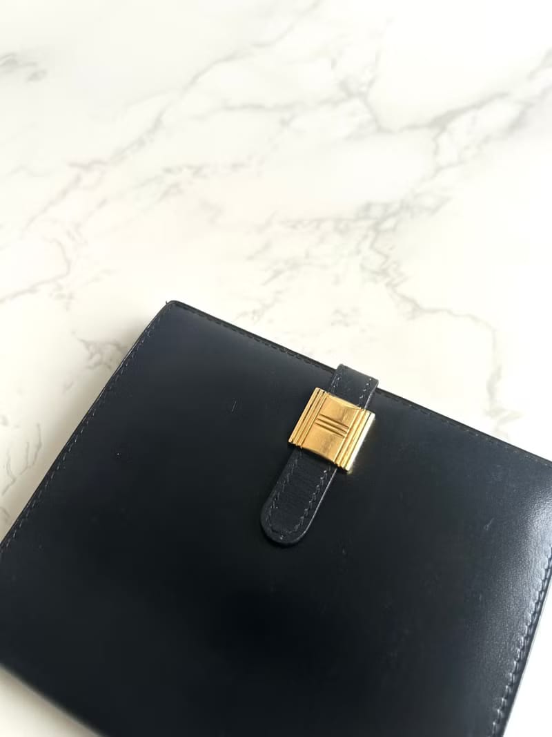 Hermes Saumur Diane復古黑色金扣皮革古董短夾錢包