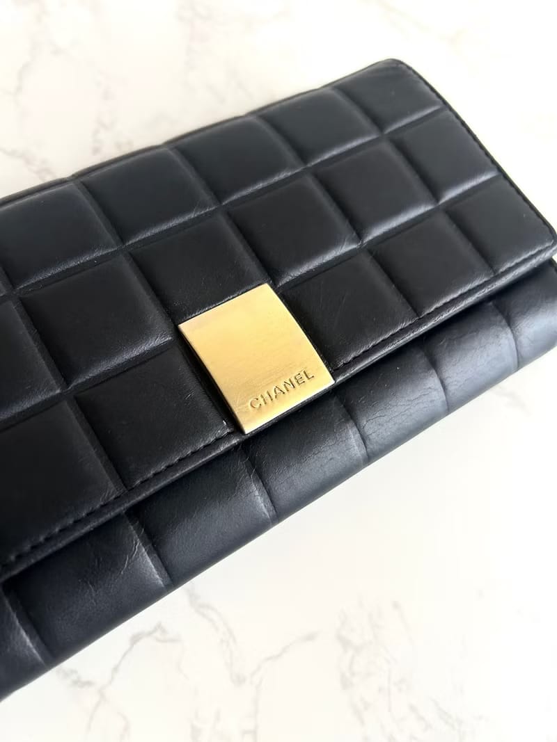 Chanel黑金冰格牛皮皮革長夾/錢包